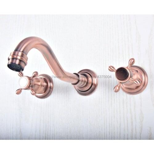 Bathroom Brass Dual Cross Handles Basin Sink Faucet Wall Mount Bathroom Mixer Tap Antique Red Copper Nsf501