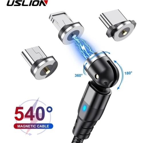 USLION 540 Degree Roating Magnetic Cable Micro USB Type C Phone Cable For iPhone11 Pro XS Max Samsung Xiaomi USB Cord Wire Cable