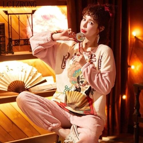 Cartoon Women Sleep Homewear Girl Warm Sleepwear 2PCS Chinese Style Female Spring Long Sleeve Pijamas Suit Print Pajamas Set
