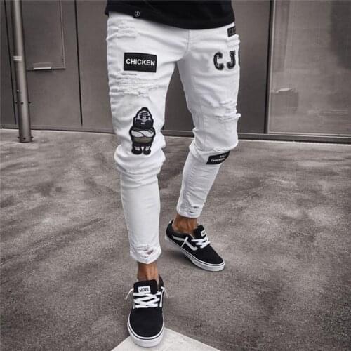 Mens Fashion Vintage Ripped Jeans Super Skinny Slim Fit Zipper Denim Pant Destroyed Frayed Trousers Cartoon Gothic Style Pants