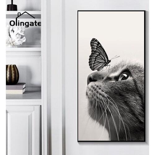Black and White Cats and Butterfly Wall Art Nordic Poster and Prints Pictures Canvas Painting for Living Room Home Decoration