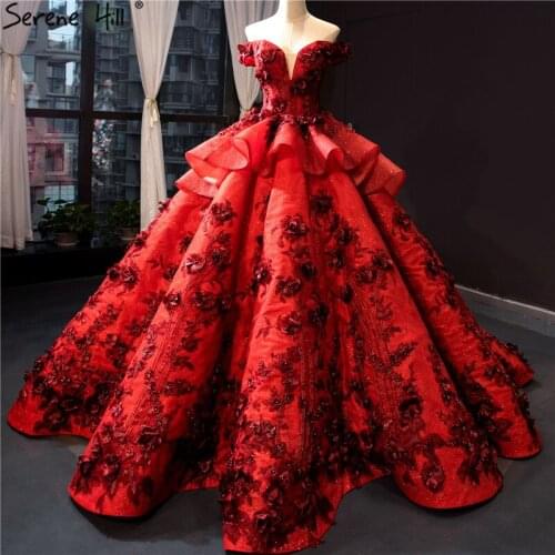 Latest Red Handmade Flowers Pearls Wedding Dresses Design 2020 Off Shoulder Sexy Bridal Gowns Real Photo BHM66878 Custom Made