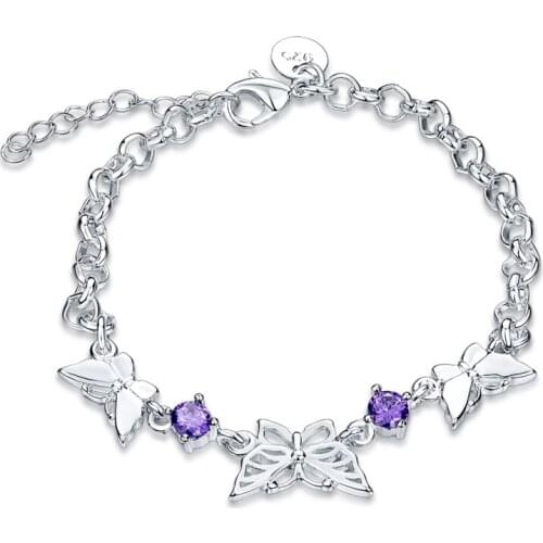 Garilina Charms Silver Color Original Butterfly Inlaid Purple Cubic Zirconia Womens Bracelet Jewelry Wholesaler B2044