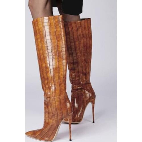 Sexy Brown Crocodile Pattern Leather Knee High Boots Pointed Toe Stiletto Heel Tall Boots Slip-on Runway Party Dress Shoes