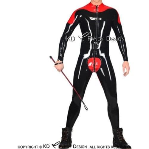 Sexy Latex Catsuit And Red Decoration On Shoulder Long Sleeves With Feet Rubber Bodysuit Zentai Overall Body Suit LTY-0163