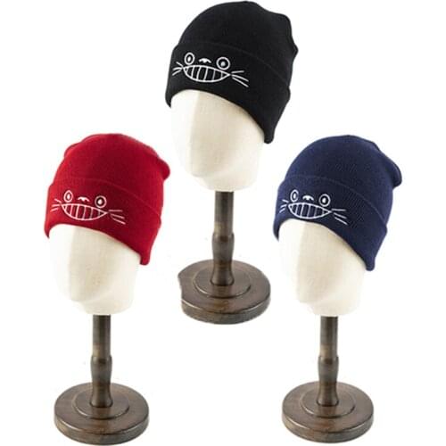 Winter Autumn Totoro Acryli Embroidery Cat Knitting Unisex Beanie Hats for Women Ski Outdoor Keep Warm Ponytail Cold Cap Men W93