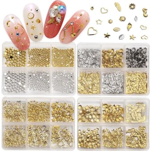 6 Grid Crystal Nail Art Rhinestone Gold Silver Clear Flat Bottom Mixed Shape Star Moon DIY Nail Art 3D Decoration