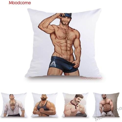 Super Sexy Hot Masculine Male Muscle Hairy Bear Man Cartoon Gay Art Soft Velvet Sofa Pillow Case Cozy Boyfriend Cushion Cover