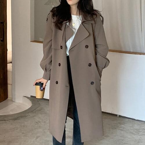Fashion Korean Style Womens Trench Coat Double-Breasted Long with Belt Office Lady Windbreaker Spring Autumn Overcoat Femme