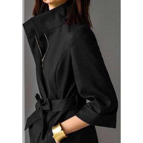Womens Elegant Stand Collar Long Sleeve Long Black Trench Coat And Jackets Ladies Slim Zipper Front Spring Fall Midi Outerwear