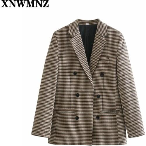 XNWMNZ za 2021 Fashion Autumn Women Plaid Blazers Jackets Work Office Lady Suit Slim Double Breasted Business Female Blazer Coat