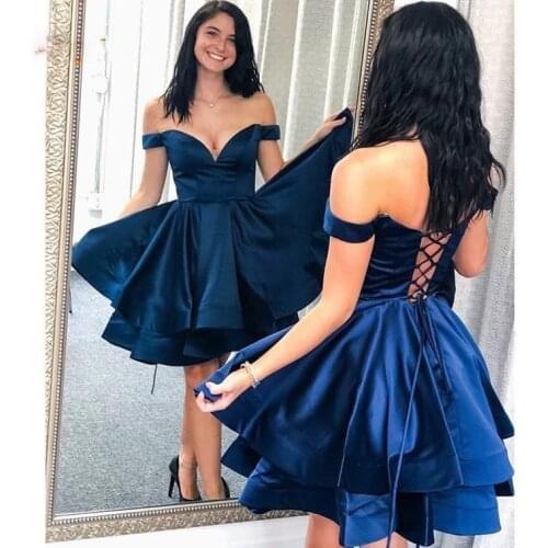 Tiered Satin A Line Homecoming Party Gowns Lace Up Back Cheap Bride Dress Sexy Off Shoulder Short Prom Dresses