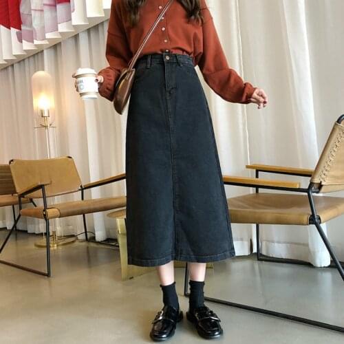 Skirts Women Denim A-Line Simple Korean Style Button Pocket Harajuku High Waist Soft Womens Calf-Length Long Skirt Streetwear
