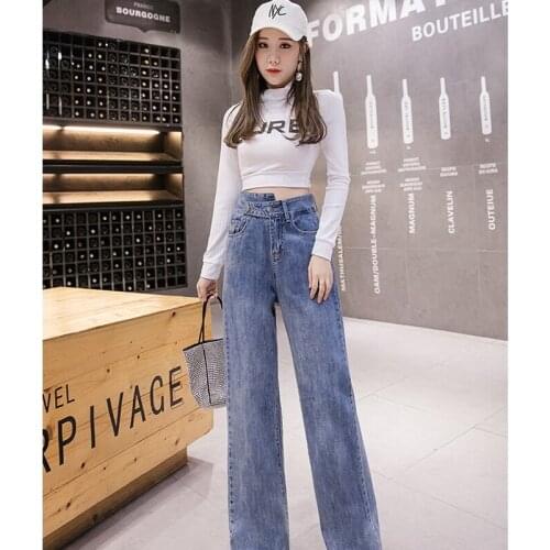 QRWR Womens Jeans 2020 Korean Spring Autumn High Waist Wide Leg Trousers Straight Blue Jeans Loose Straight Jeans for Women
