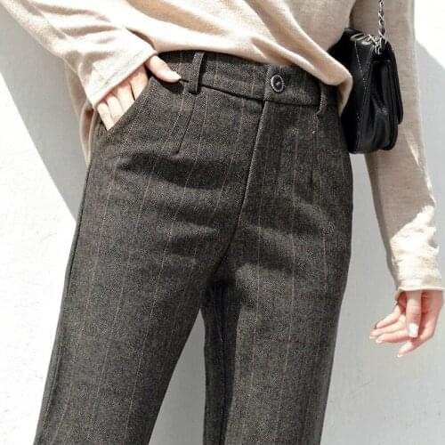 Autumn And Winter Woolen Pants 2021 Fashion Back Elastic Loose Straight Plaid Women Trousers All-match Female Full Lenght Pant