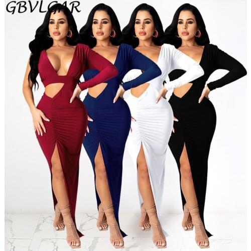 Women One Shoulder Long Sleeve Bodycon Maxi Pencil Sexy Dress Female Stacked Ruched Cut Out Waist High Side Split Dresses 2021