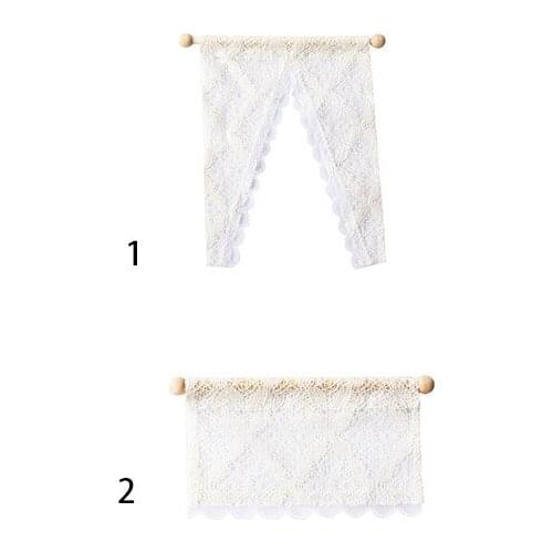 1/12 Dollhouse Miniature Lace Curtain/Drape with Wooden Rod Doll House Decoration White Cassic Toy for Kids Dolls Accessories