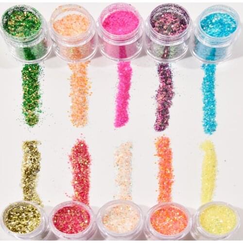 10colors 10g 1 Pot Chunky Cosmetic Glitter Chunky Glitter Blue Pink Gold Purple Glitter for Hair Eye Face Body Nail Glitter