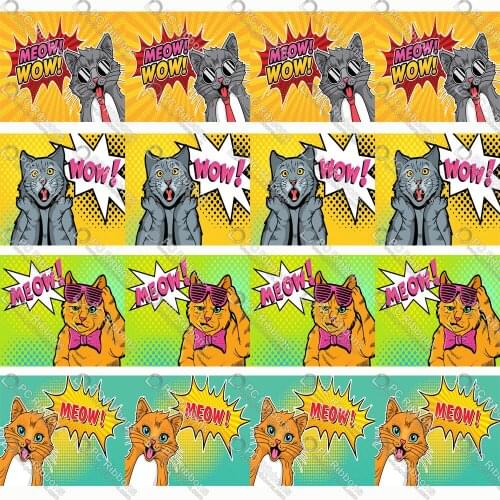 16-75MM Surprised Cat Printed Grosgrain&Sati& Foe&Lanyard DIY Handmade Materials Christmas Wedding Gift Wrap Tape 50yards