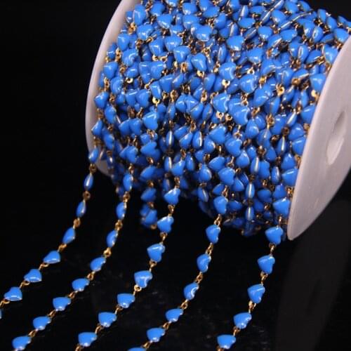 2020New style 5Meter Lapis Blue Enamel heart-shaped Beaded Chains,Lampwork Glass Beads Link Copper Chain Necklace Crafts Jewelry