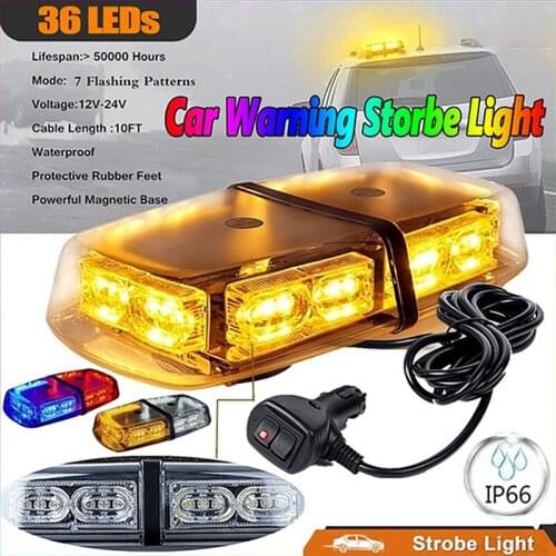 36LED 12V Hazard Warning LED Mini Bar Strobe Light Waterproof Flashing Light with Magnetic Base for Vehicles Snow Plow
