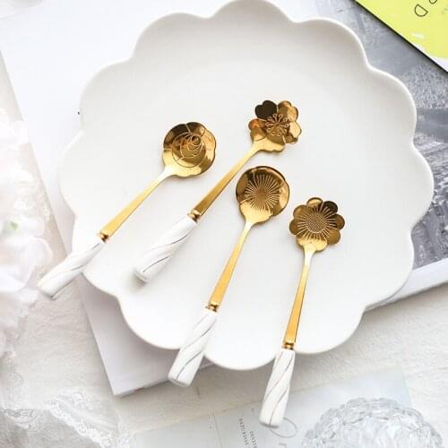 8Pcs/Set Flower Spoons with Ceramic Handle Creative Stainless Steel Teaspoons Coffee Stirrers Mixing Spoon Kitchen Tableware
