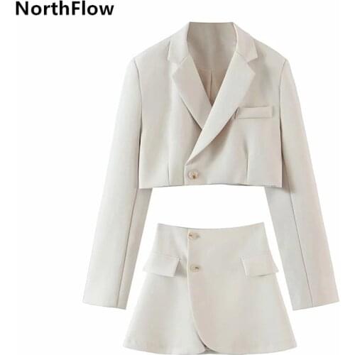 Northflow Matching Set Blazer And Skirts Women England style Navel Exposed Short Empire Blazer Feminino Femme Two Piece Set