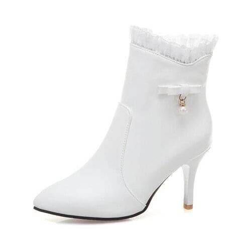 Big Size 9 10 11-17 boots women shoes ankle boots for women ladies boots shoes woman winter Lace bow pearl side zipper