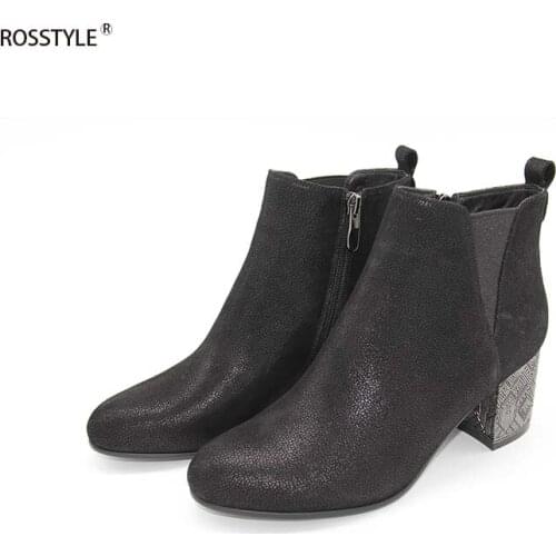 ROSSTYLE Shiny Metal Fleeces Lining Ankle Boots Nubuck Black Keep Warm Short Plush Short Boots High Heels Largest Size 36-40 B13