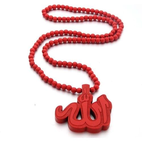 Mens Hip Hop Wooden Allah Large Pendant Male Necklace Rock Style Long Wood Beads Neck Chain For Men Islam Costume Jewelry Gift
