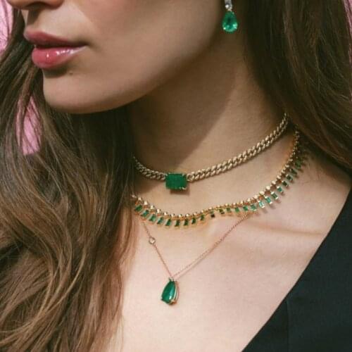 Big green baguette cz Miami Cuban link chain necklace for women iced out bling cz chain choker 32+8cm