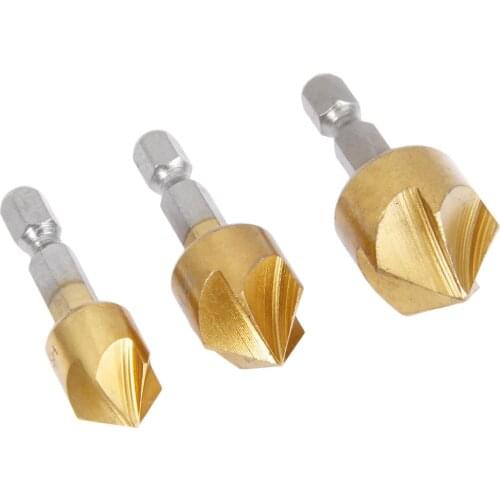 DRELD 3Pcs/set HSS Titanium Deburring Chamfering Countersink Drill Bits 12/16/19mm Edge 90 Degree 5 Flutes End Mill Cutter Tools
