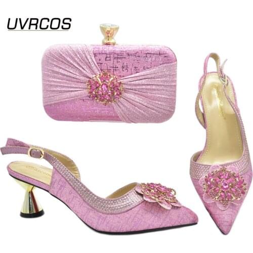 Italian Design 2021 African Hot Selling Colorfurl Crystal Style Pink Color Ladies Shoes and Bag Set With Streamer Modeliing