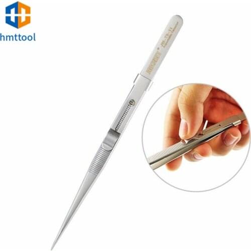 JM-T9-11 Adjustable Tweezers Anti-static Stainless Steel Tweezers Straight Pointed Tip Slide Lock Hold Tightly