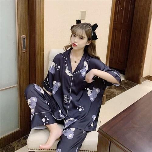 Summer 2021 Womens Pajamas Set Silk Sweet Girl Sleepwear Cartoon Print Short Sleeve Pants Pyjamas Cute Casual Nightgown