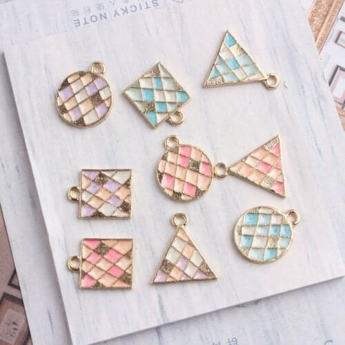 Fashion Korean Style Zinc Alloy Shining Grid Enamel Geometry Triangle Square Round Dangle Charms For Earring Jewelry Making Diy