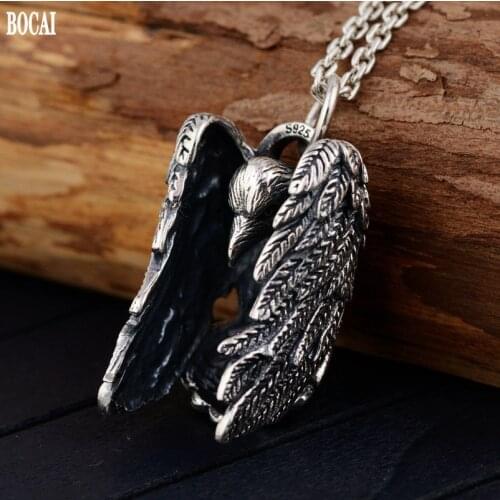 BOCAI Real 2021 Personality Trend Jewelry Evil Psychic Crow Sterling Silver s925 Mens Pendant Retro Feather Bird Pendant