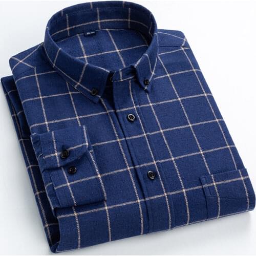 Mens Checkered Casual Long Sleeve Brushed Shirts Single Patch Pocket Button-down Comfortable Standard-fit Plaid Striped Shirt
