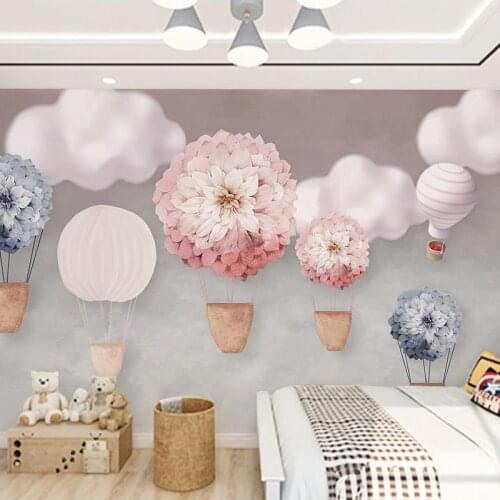 Custom Any Size Mural Wallpaper Modern Nordic Cartoon Hand-painted Pink Hot Air Balloon Childrens Room Background Wall Paper 3D