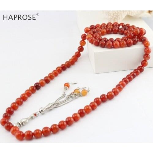 New Fashion red agate necklace Round Shape Prayer 99beads Islamic Muslim Tasbih Allah Rosary Natural 10mm Agate free shipping