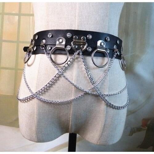 Harajuku Unisex Men Women Wide Waist Belts PU Circle Punk Gothic Chain Link Metal Strap Fashion Punk Belt