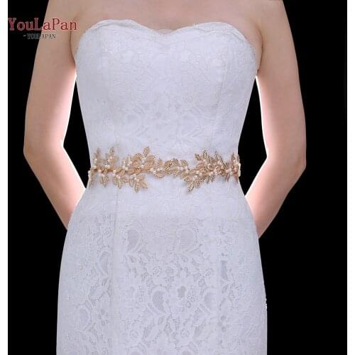 TOPQUEEN SH353 Pearl Bride Wedding Dress Belt Golden Leaves Bridesmaid Dress Belts for Women Elastic Embellished Waist Belt