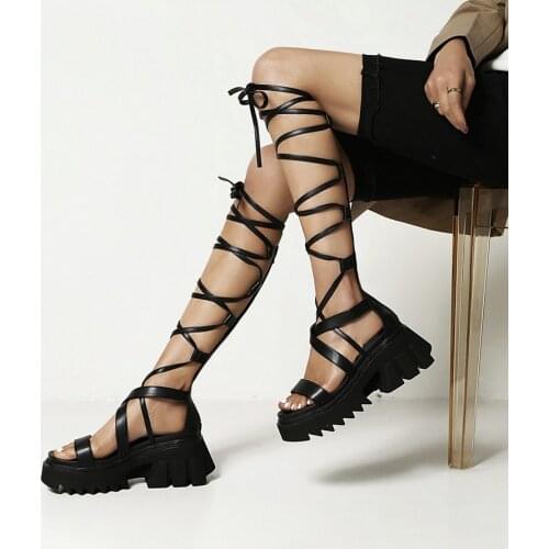 Womens sandals summer lace-up fashion platform shoes hollow boots Roman sandals knee boots womens sandals