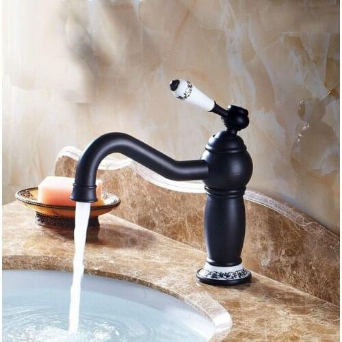 Bathroom Faucet Black Oil Rubbed Bronze finish Ceramic Flower Pattern Basin Sink Faucet Single Handle water taps anf508