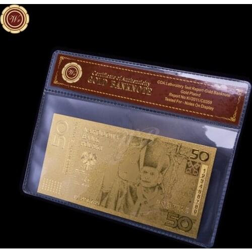 Unique Metal Craft Poland 50 Gold Plated Banknote Fine 999.9 Gold with coa