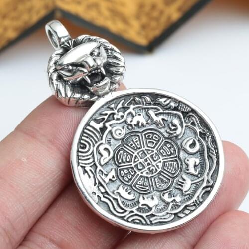 Vintage 925 Silver Tibetan Nine Direction Eight Symbols Amulet Tibetan Lion Direction-Symbol Pendant Buddhist Pendant