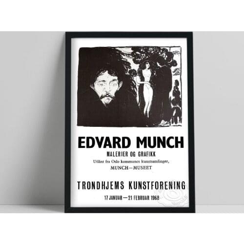 Edvard Munch 1968 Vintage Exhibition Poster, Black White Trondhjems Kunstforening Art Prints, Norway Expressionism Home Decor