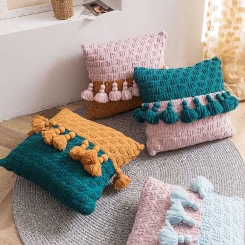 Knitted Cushion Cover Solid Pink Green Blue Nordic Style Pillow Case With Tassle For Sofa Bed Room Home Decorative 45*45cm