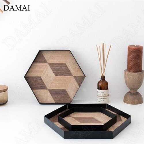 Japanese Hexagon Wood Trays Creativity Iron Teacup Wine Set Storage Tray Coffee Table Sundries Organizer Plates Home Decoration