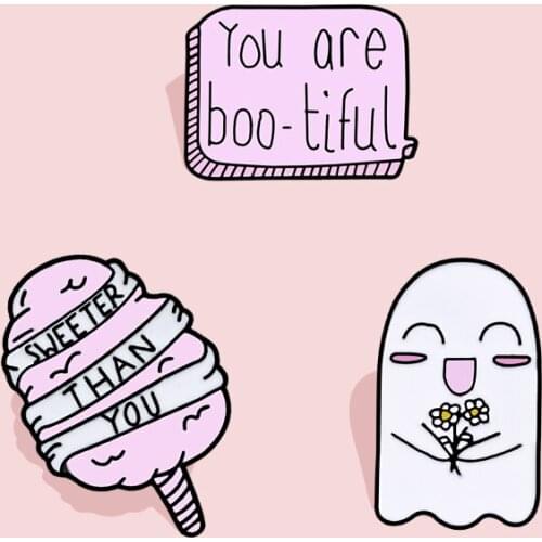 Pins Pink Cartoon Collection Cotton Candy Simple Ghost boo-tiful Enamel pin Badges Brooches Pink Lapel Cartoon Love Jewelry Gif